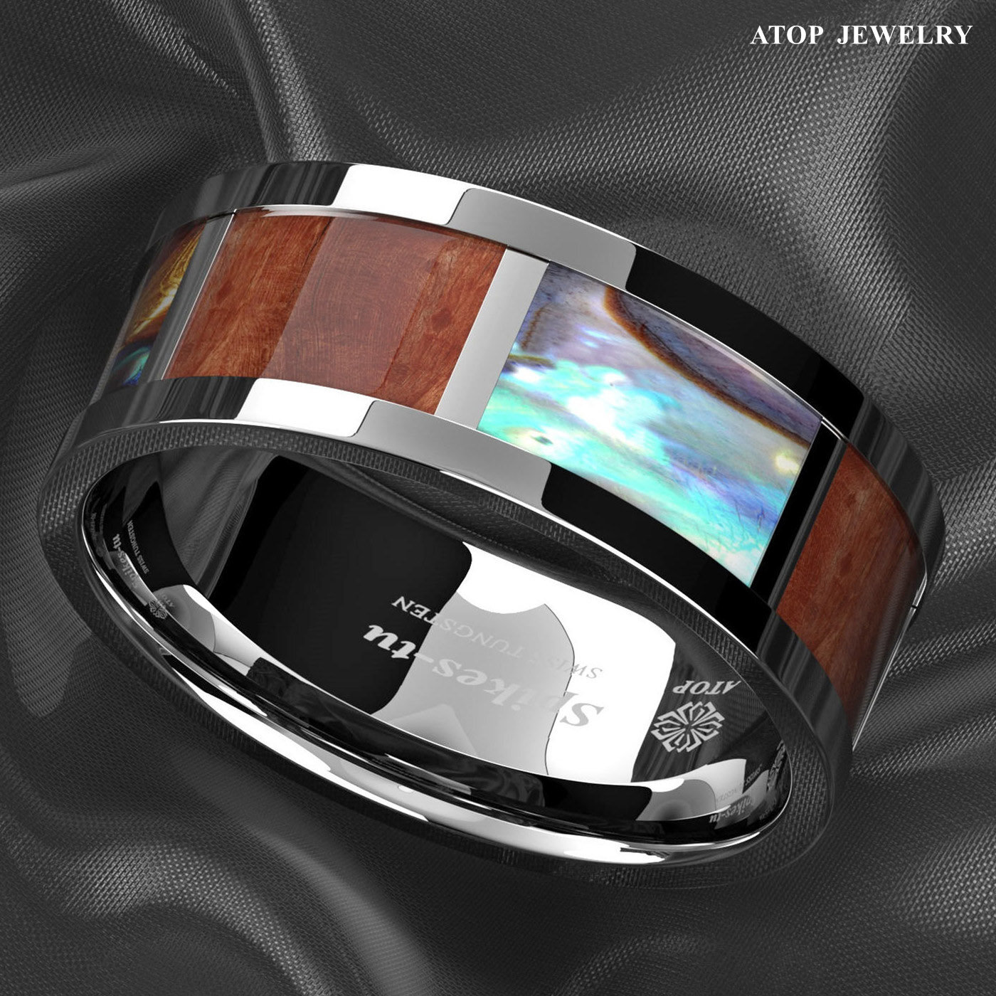 ATOP Men Silver Tungsten Wedding Ring Real Wood Abalone Shell for Beach Memories
