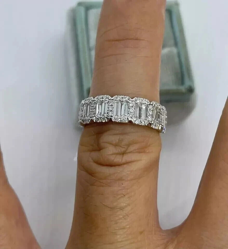 3Ct Baguette & Round Moissanite Wedding Eternity Band Ring 14K White Gold Plated