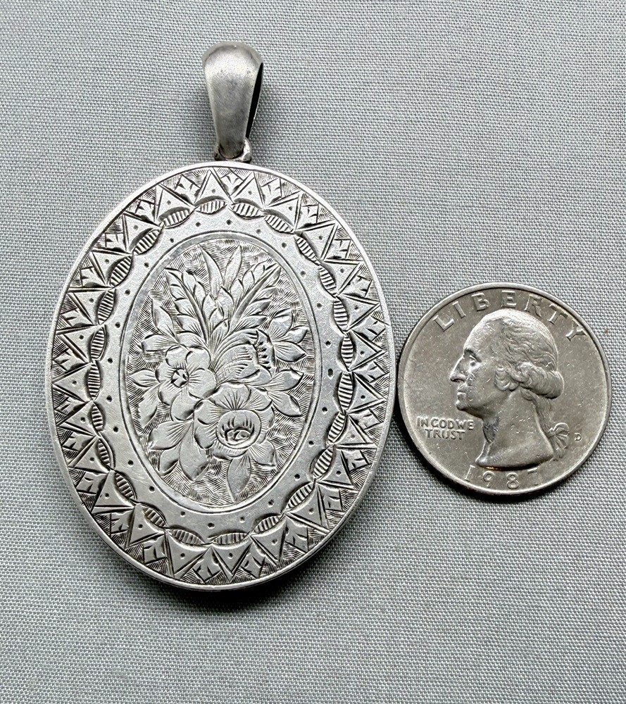 Victorian Sterling Silver Locket Hand Engraved Double Sided Floral Antique 1879