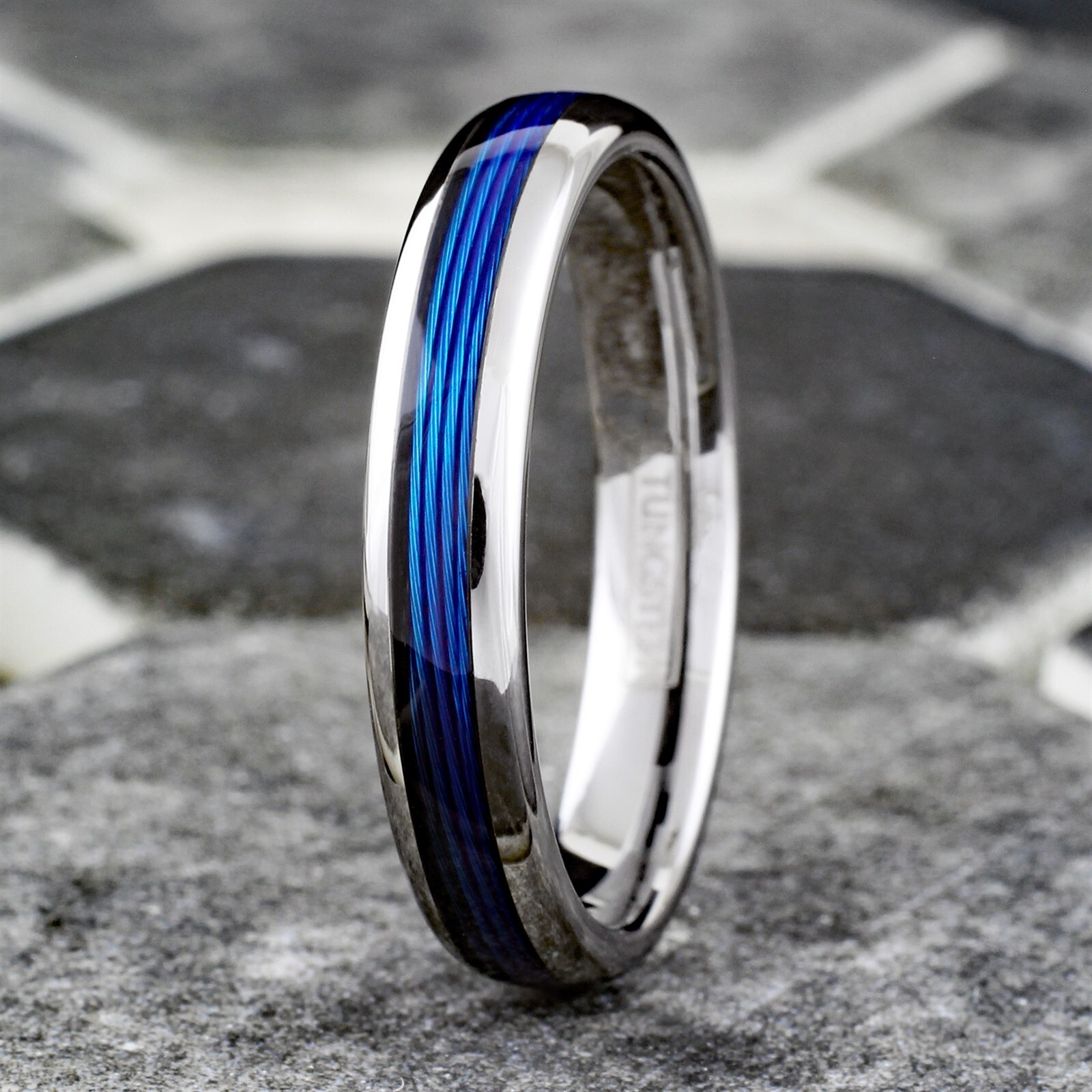 Tungsten Carbide Blue Fishing Line Thin Plain Band – Black or Silver