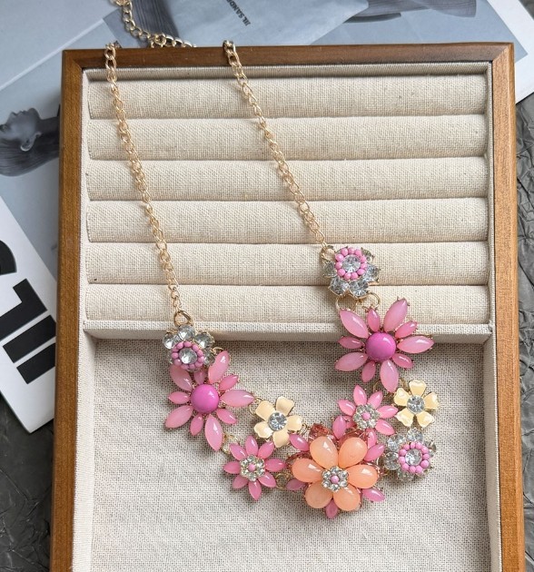 Statement Flower Collar Necklace with Gold and Pink Gemstone Beads Jewelry