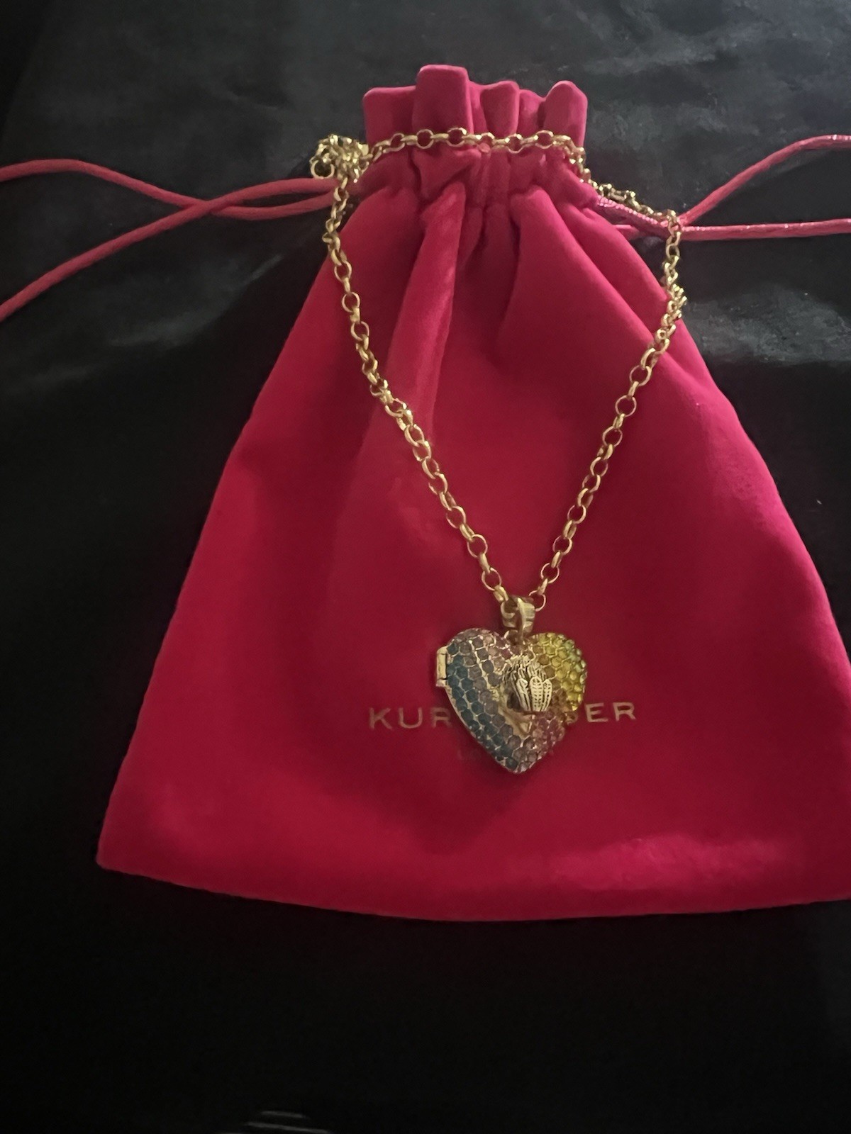 Kurt Geiger Heart Charm Locket Pendant Necklace Multicolor Pavé Crystal Gold