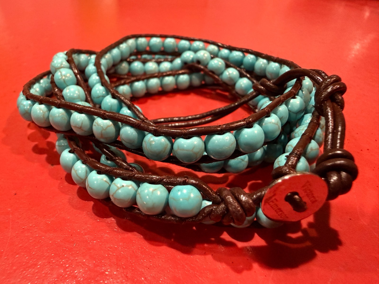 Victoria Emerson Turquoise Beaded Dark Brown Leather 5x Wrap Bracelet 33″-36″