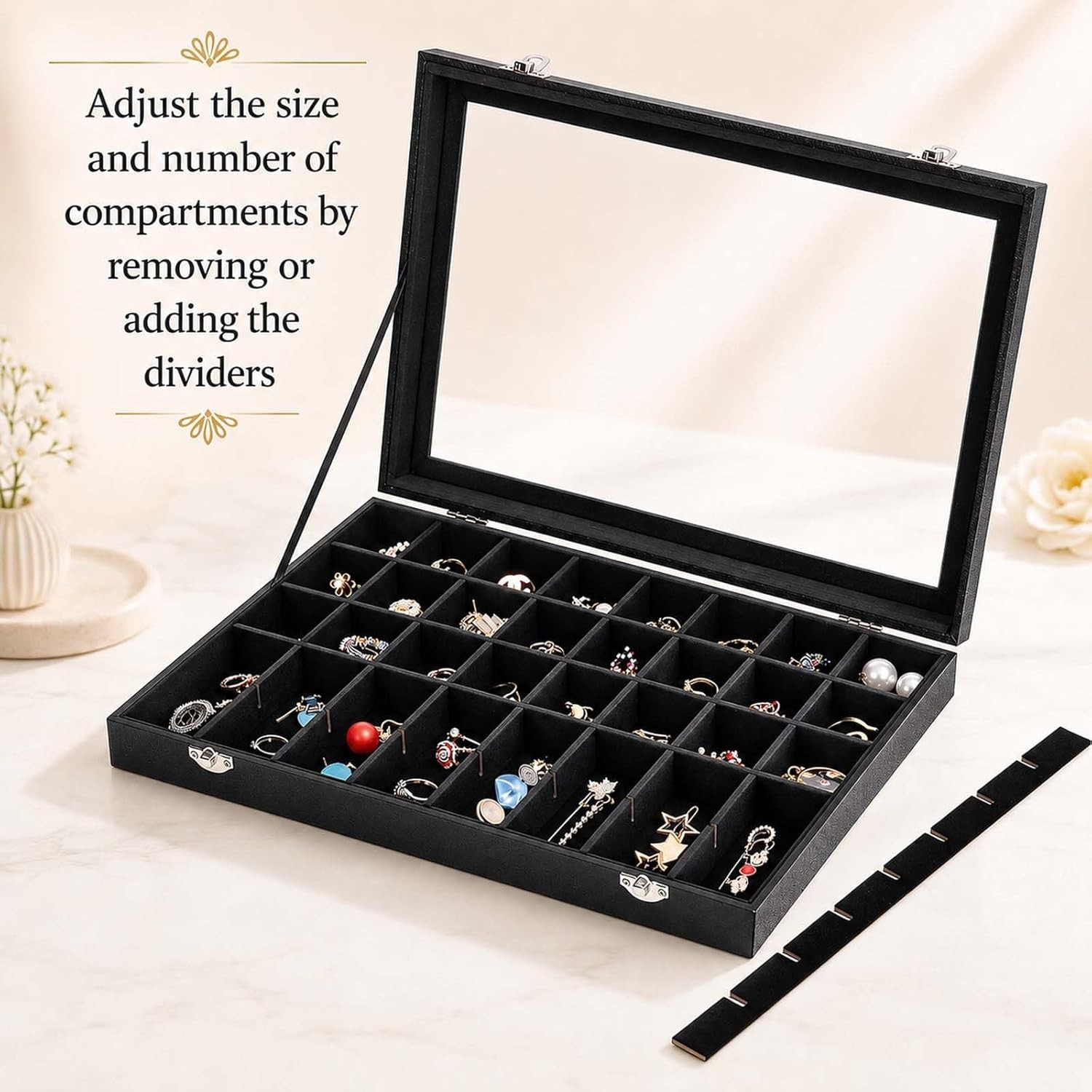 Black Velvet 40 Grid Earring Organizer Display Box with Transparent Lid Earring