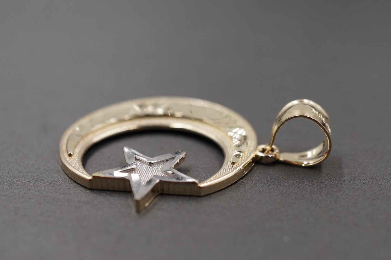 10K Solid Yellow Gold 1.35″ Diamond Cut Two Tone Star and Moon Charm Pendant.
