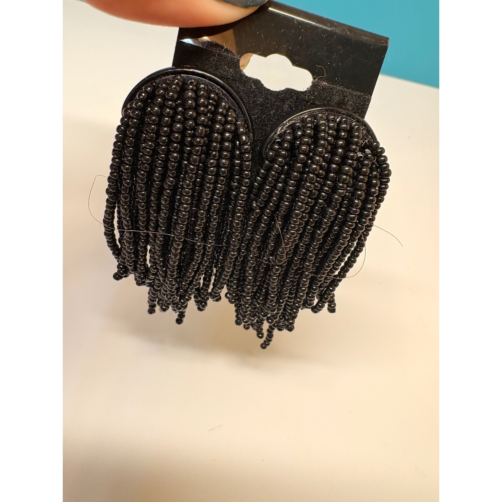 Black Seed Bead Fringe Statement Pierced Earrings Waterfall Dangle Back