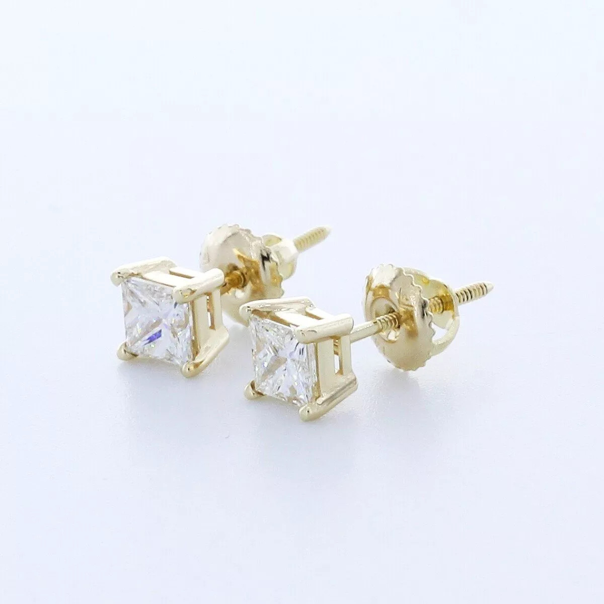 Solid 14K Gold Stud Earrings Classic 1.16 Carat Princess Natural Diamond G SI1