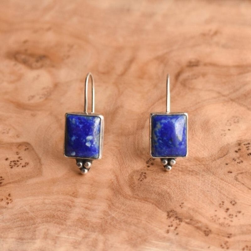925 Sterling Silver Handmade Lapis Lazuli Dangle Genuine Women Earrings