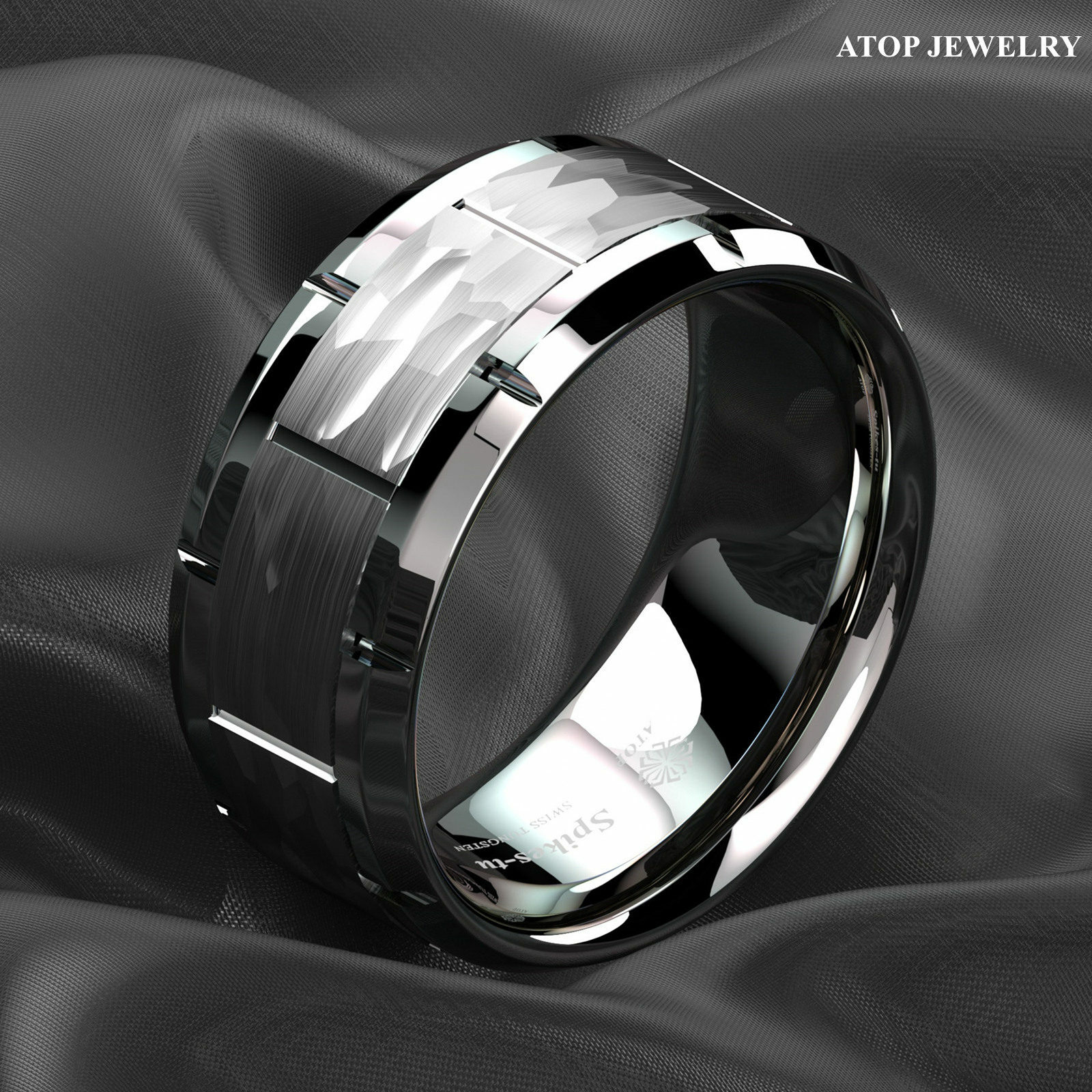 Silver Brushed Hammered Tungsten Carbide Ring for Men Wedding Band ATOP Jewelry