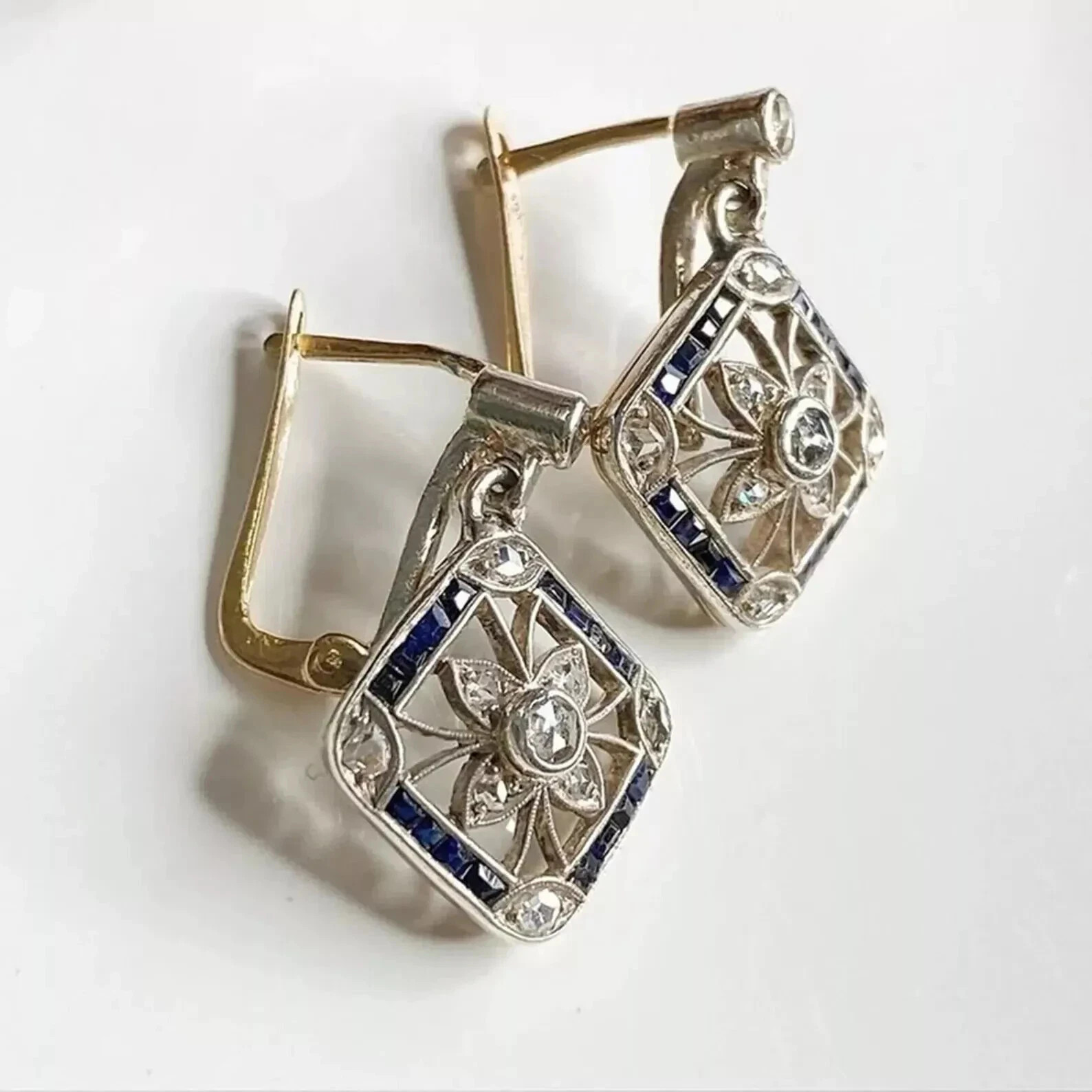 Art Deco Style Lab Created Diamond Blue Sapphire 14k White Gold FN Earrings