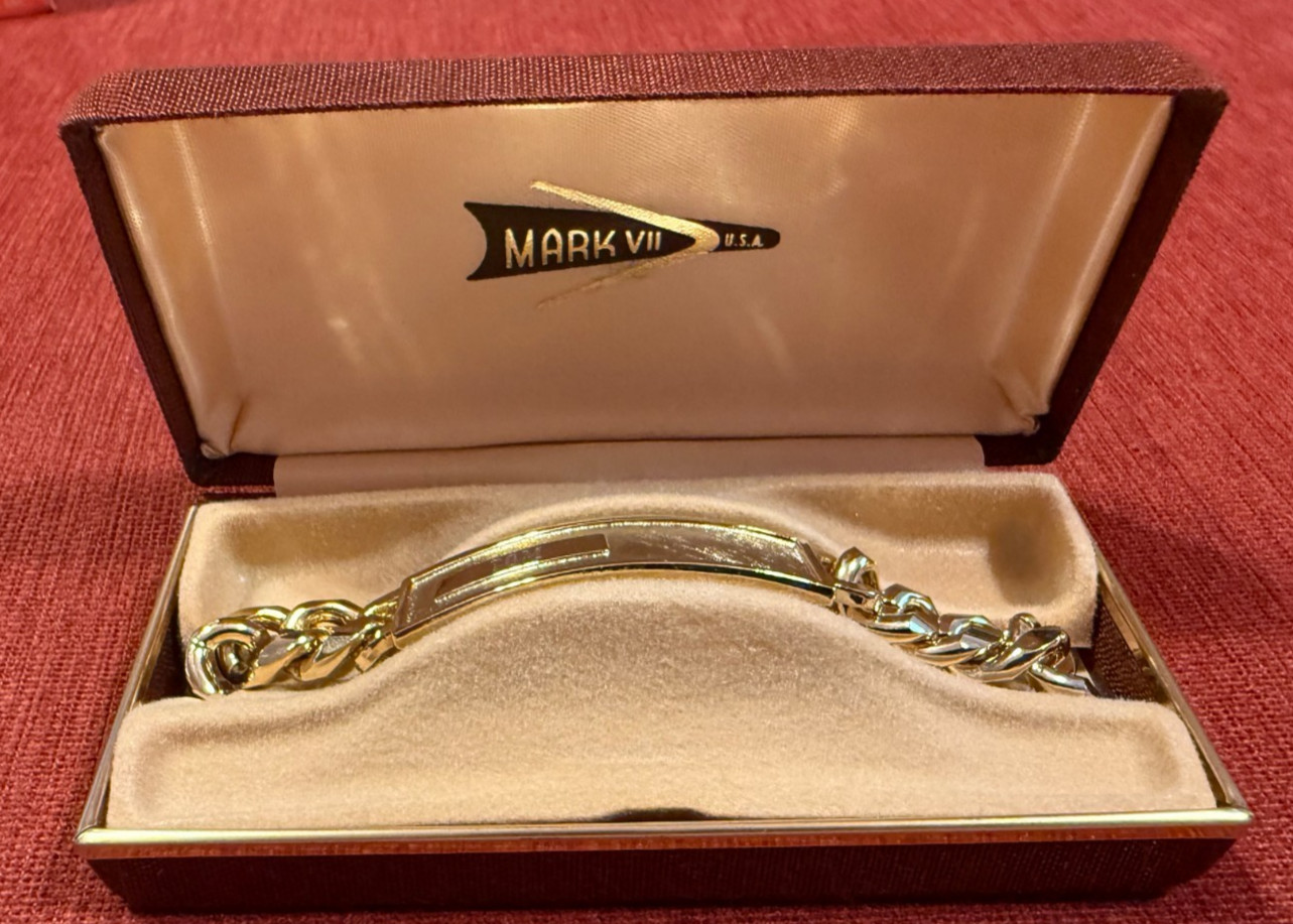 Vintage Mark VII GOLDTONE 8.5″ ID Bracelet Made in USA Identity Engraved TOM
