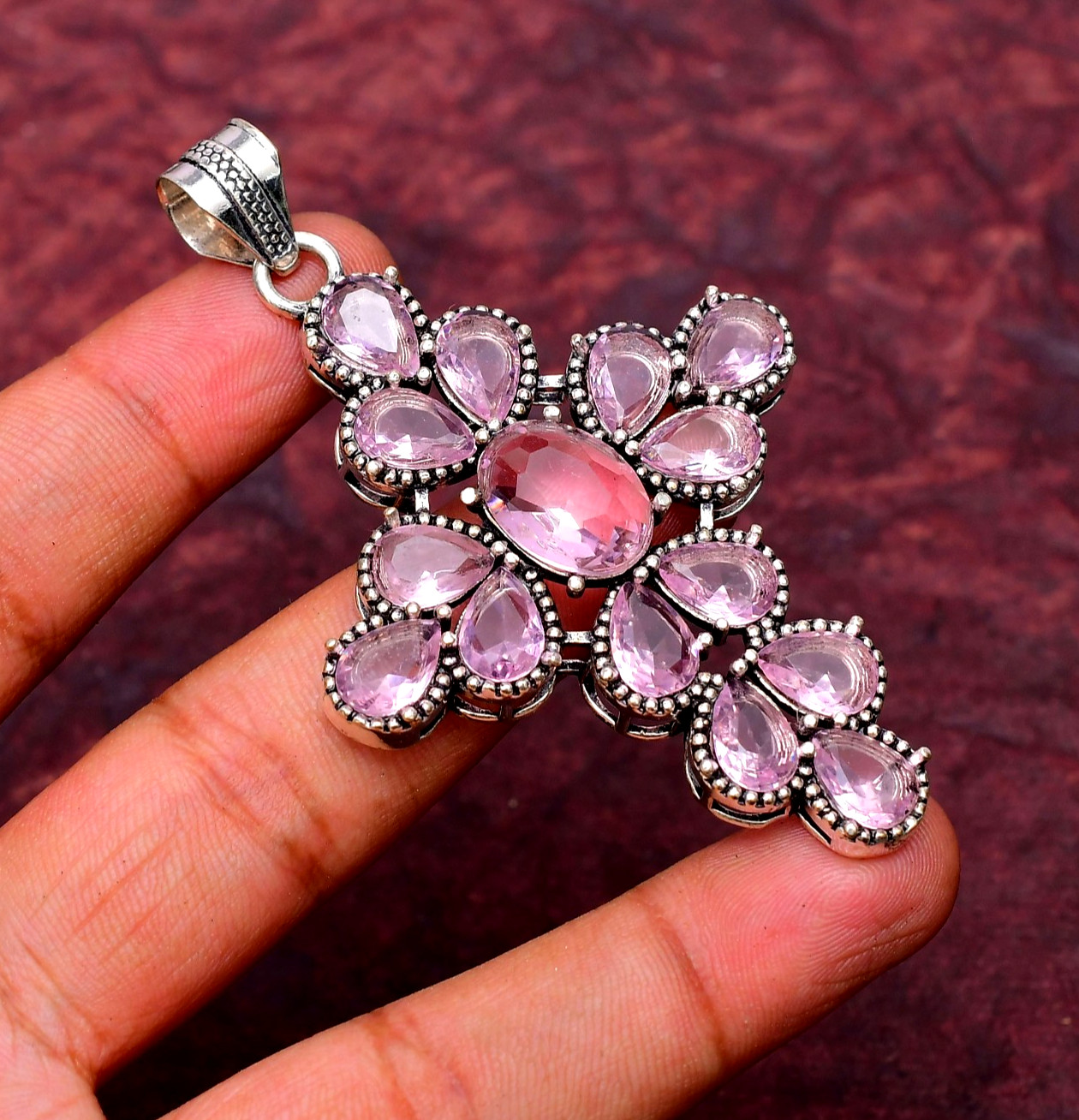 Pink Kunzite Gemstone 925 sterling silver Handmade Cross Pendant jewelry 2.75″