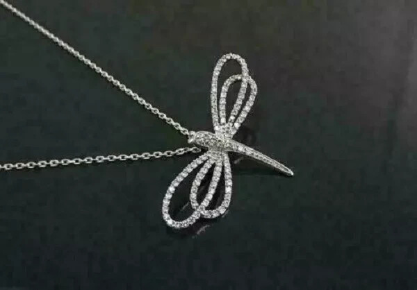 Pretty 1.20Ct Round Cut Diamond Dragonfly Pendant 14K White Gold Over Free chain