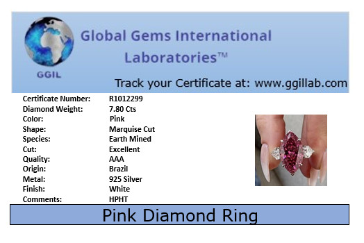 RARE 7.80 Ct Certified Pink Diamond Ring, Great Sparkle. FREE Diamond Studs