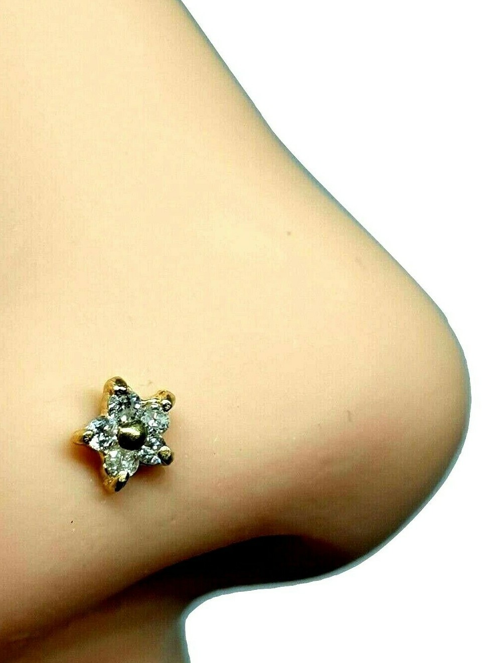 Gold Nose Stud Diamond Cluster Flower 14k Gold Genuine 20g (0.8mm) Curl Screw