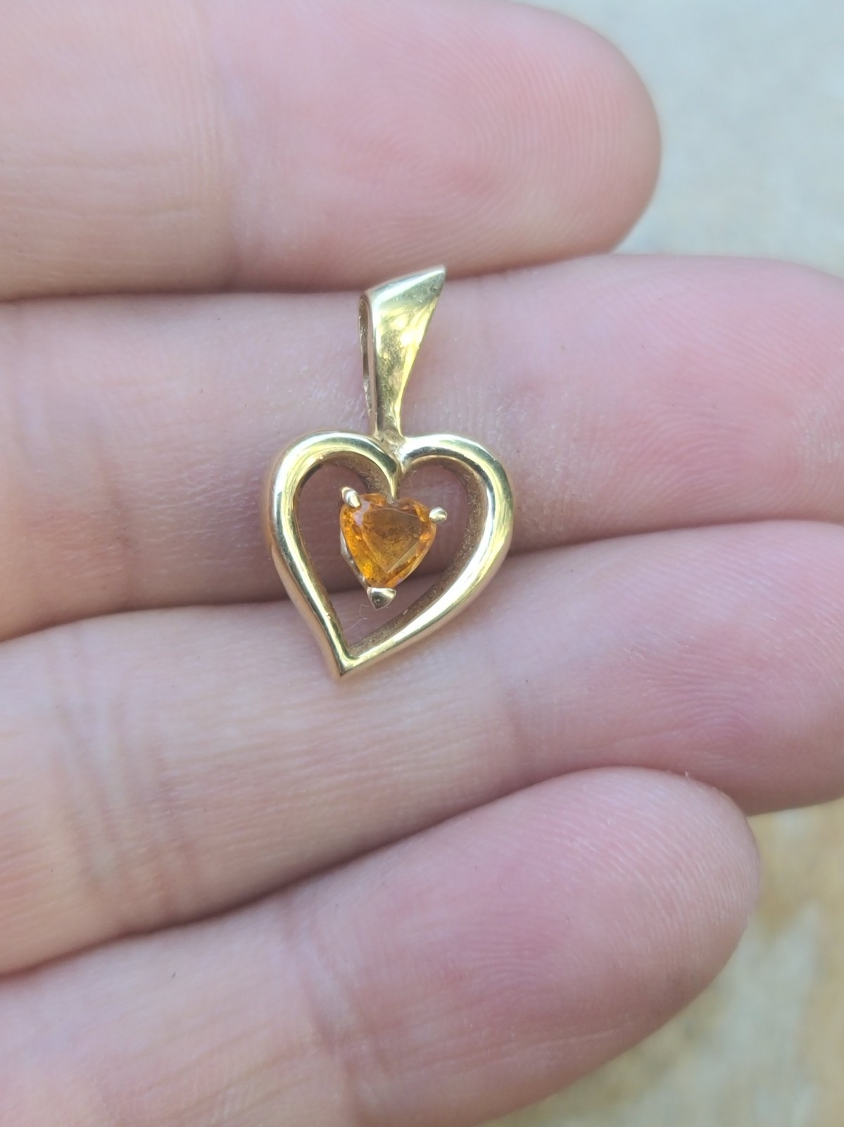 14k Solid Yellow Gold Orange Citrine Heart Charm Necklace Pendant 2grams