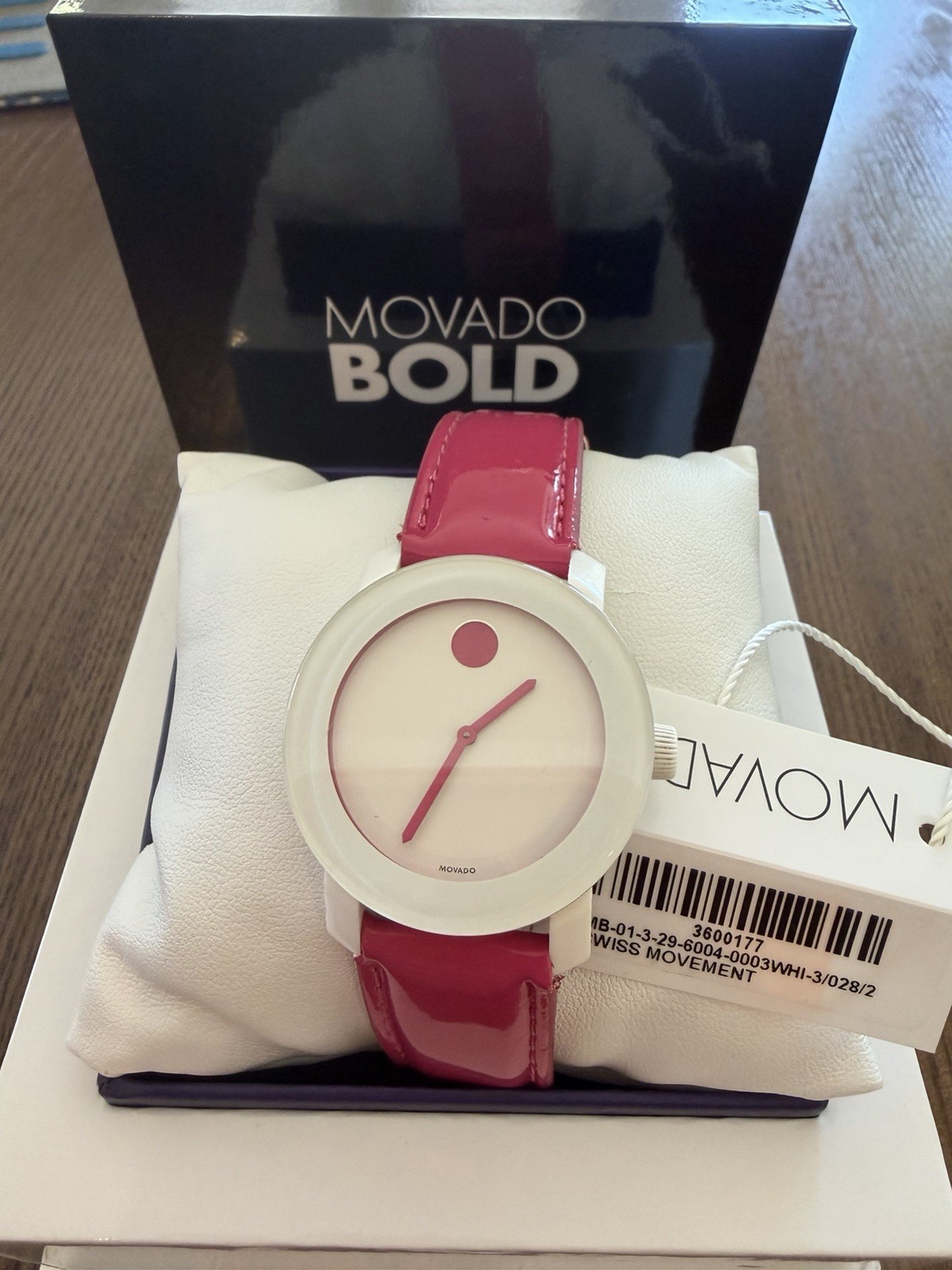 Movado Women’s BOLD Pink Leather Pink Dot Swiss 36mm Steel Watch 3600177