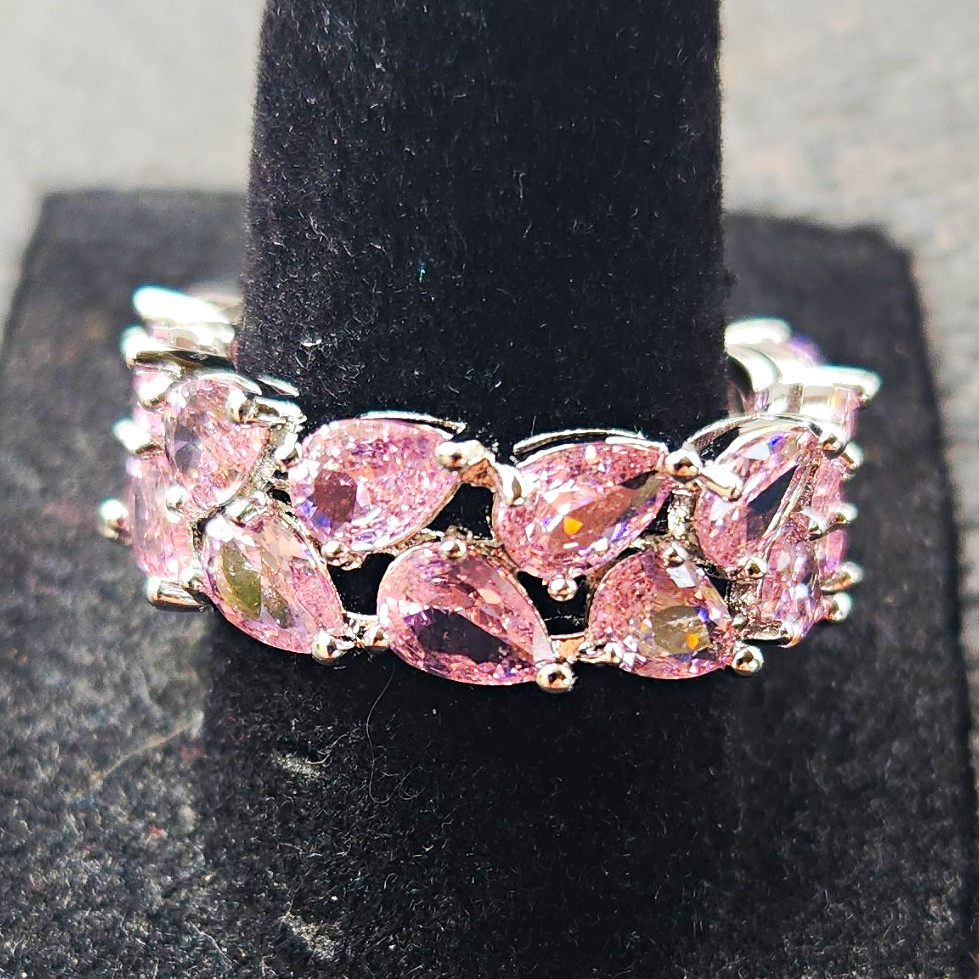 Ring Bomb Party “The Scattered Band” Ring Rose Quartz CZ Rhodium Plated Sz 8