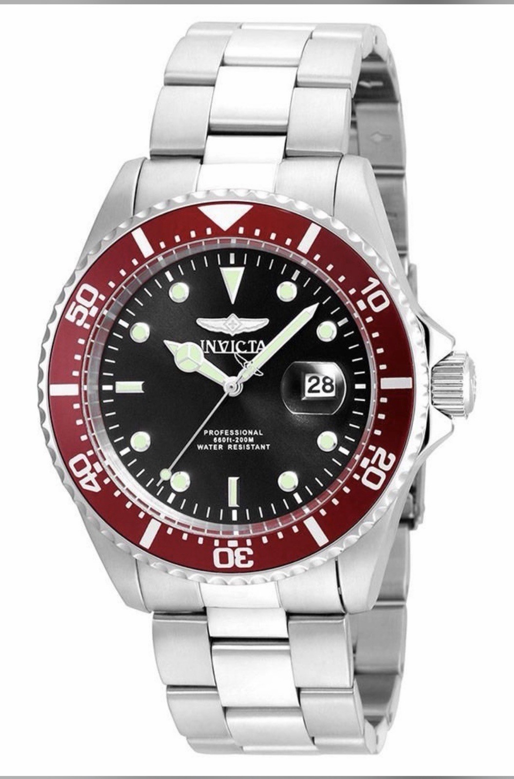 Invicta Men’s Pro Diver 43mm SS Quartz Watch, Red Bezel Black Dial 22020