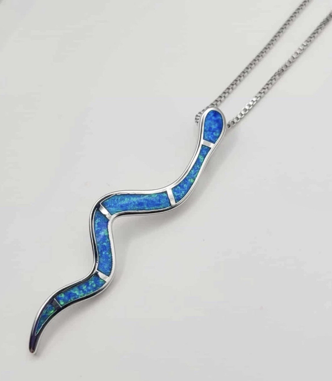 925 Sterling Silver Blue Opal Snake Necklace 17.7”