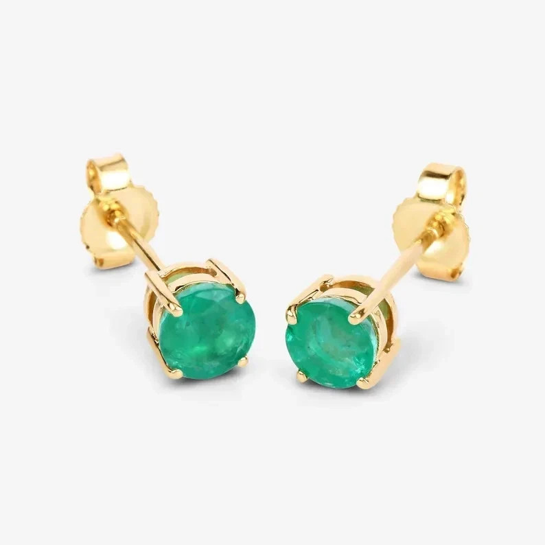 2Ct Round Cut Natural Emerald Diamond 14K Yellow Gold Luxurious Earring Stud