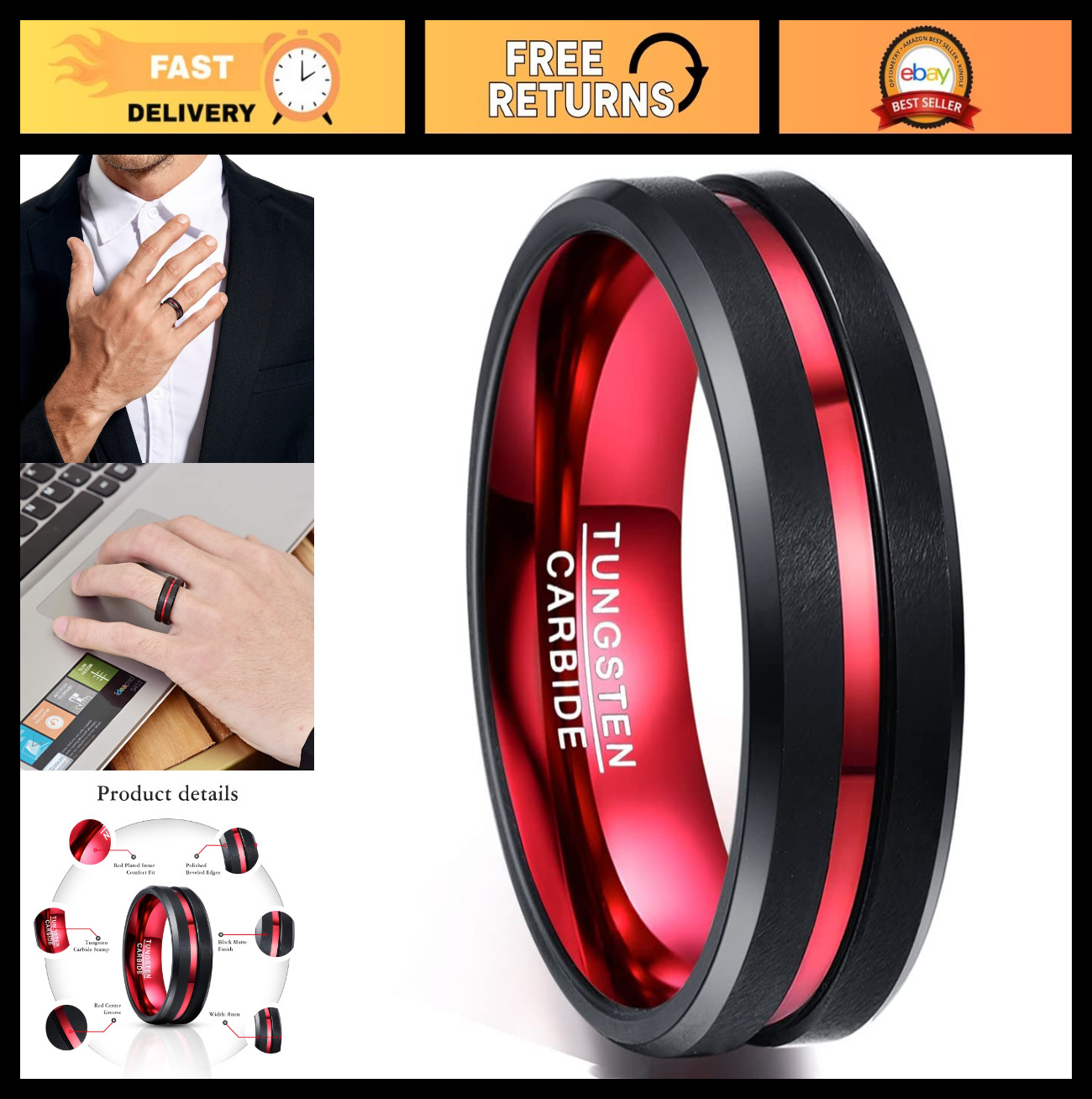 Men’s 8mm Tungsten Wedding Band Ring – Black Red/Blue/Rose Gold, Matte Finish, B