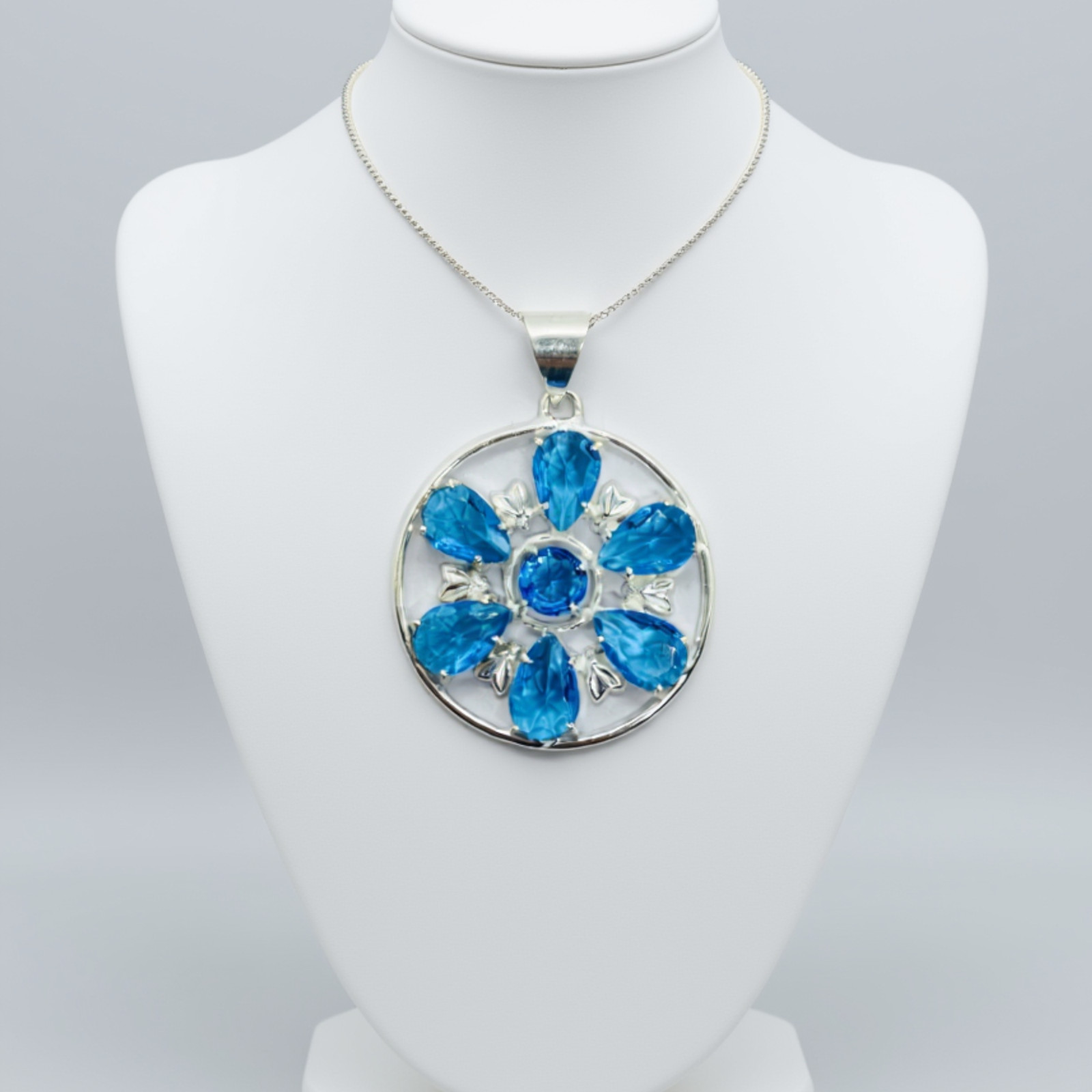 Blue Topaz Pendant with Free Chain | 7 Stone Cluster Design | Energy Healing