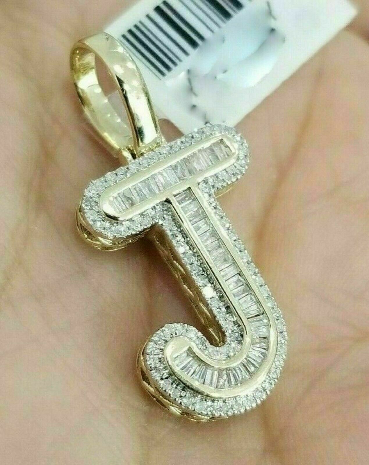 14K Yellow Gold Over Baguette Diamonds Initial Alphabet Letter J Pendant Charm