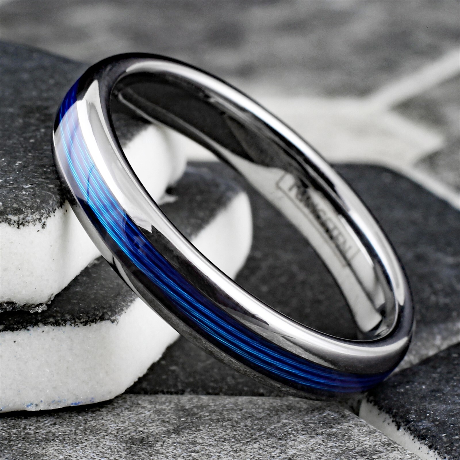 Tungsten Carbide Blue Fishing Line Thin Plain Band – Black or Silver