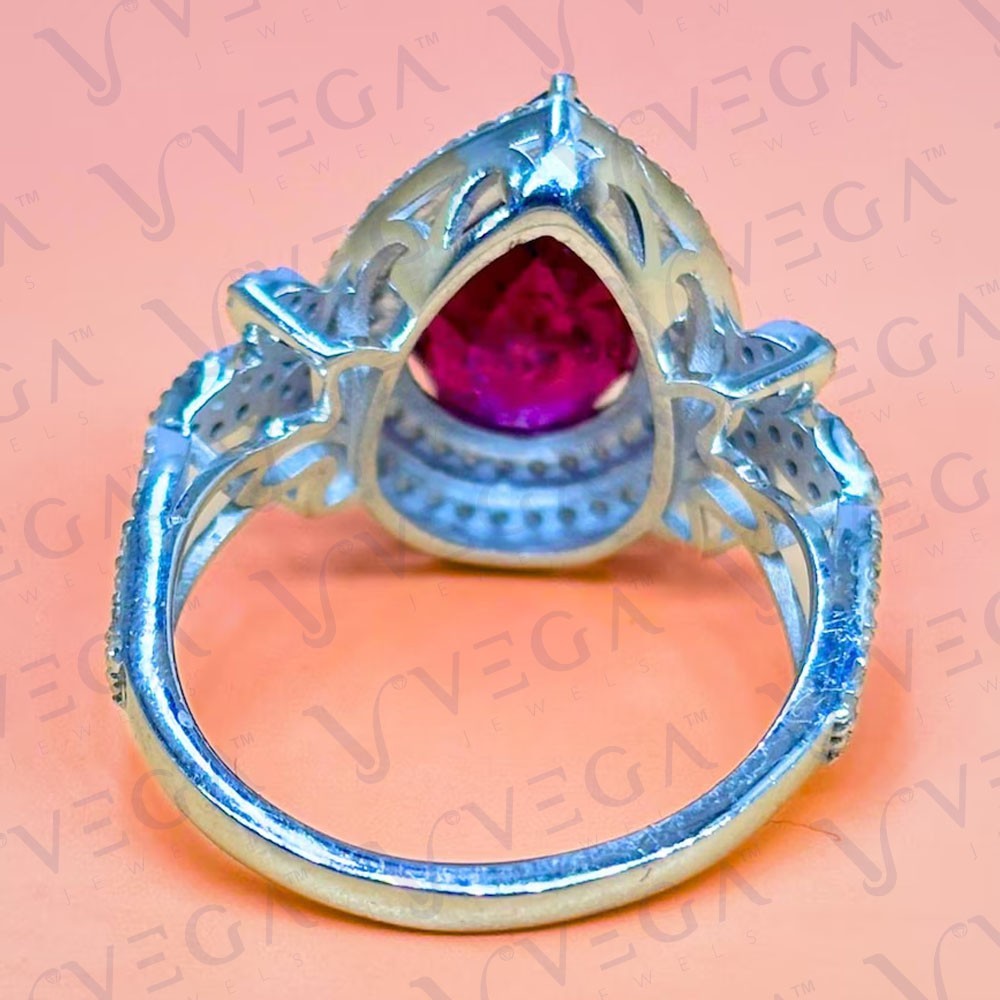 6.80carat Pear Shape Natural Ruby Gemstones & Diamond Ring 18K White Gold Plated