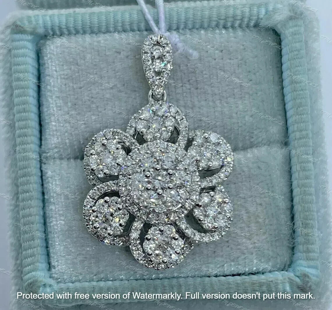3Ct Round Cut VVS1/D Diamond Flower Pendant 14K White Gold Finish