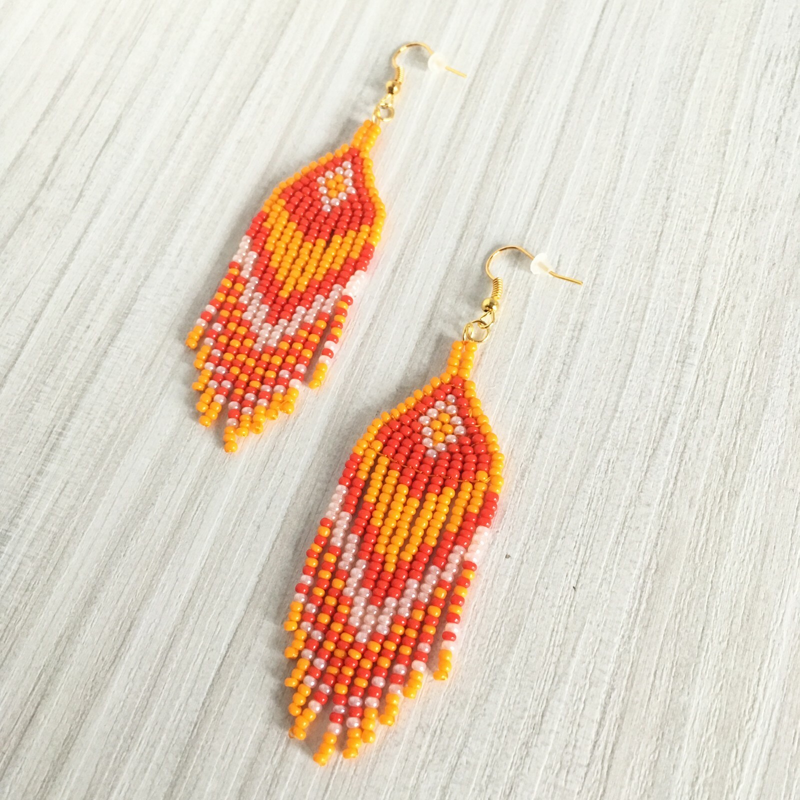 Orange red beaded earrings, Halloween seed bead earrings with fringe