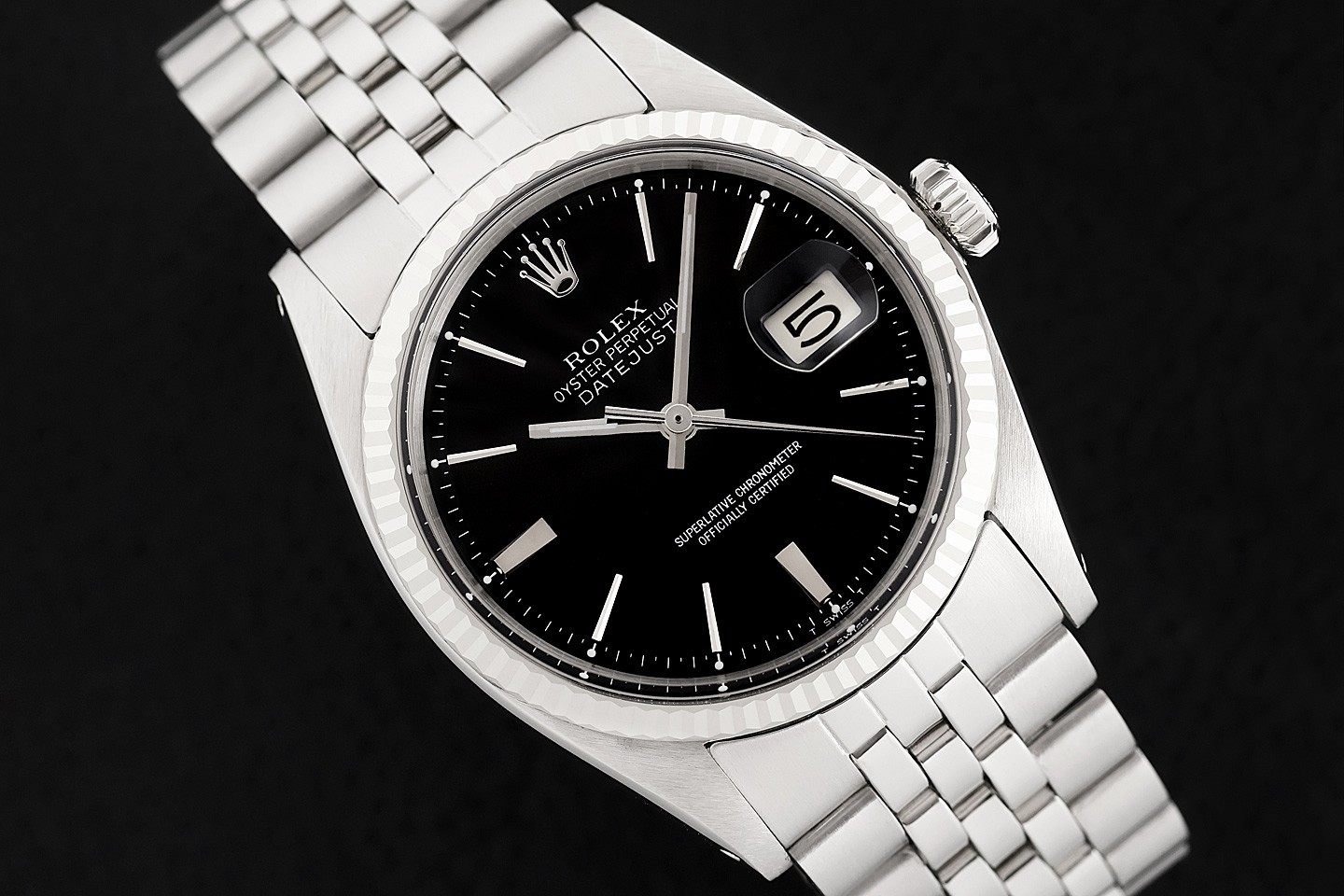 ROLEX DATEJUST 1601 18K GOLD STAINLESS STEEL BLACK DIAL FOLDED BAND WATCH
