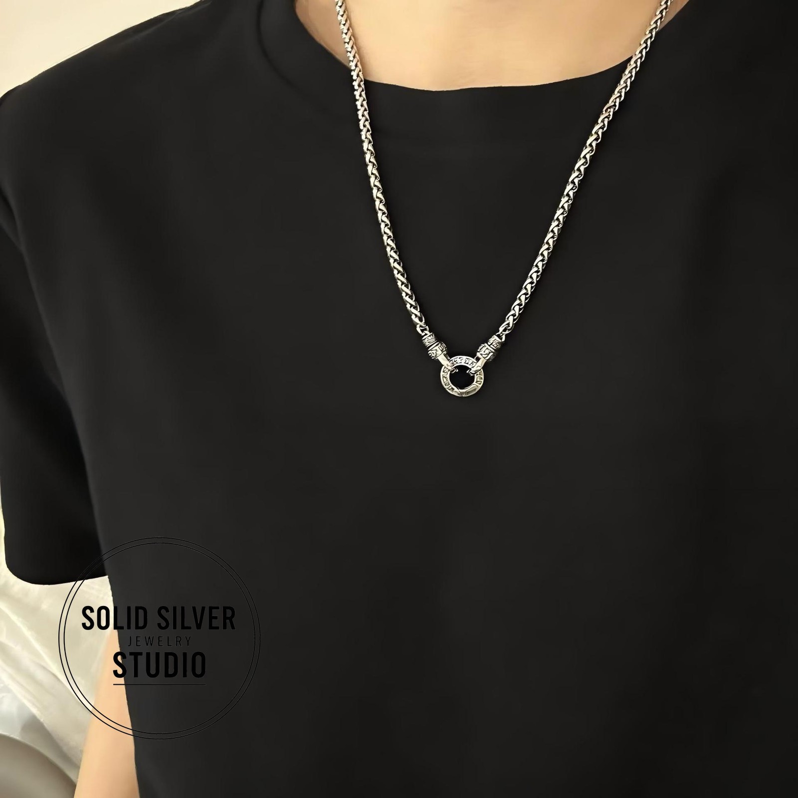 Solid S925 Silver Buddhist Mantra Necklace Spiga/Wheat Chain Pendant Holder Gift