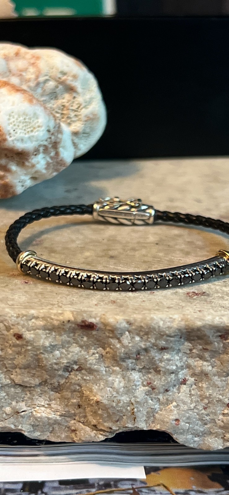 David Yurman Black Diamond 925 leather bracelt with Chevron Motif 7″