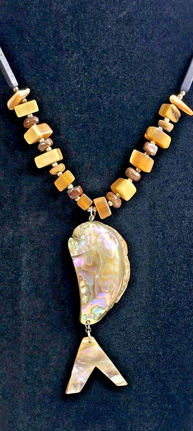 Handcrafted Beaded Necklace w/ Abalone Shell Freeform Pendant, Lobster Clasp