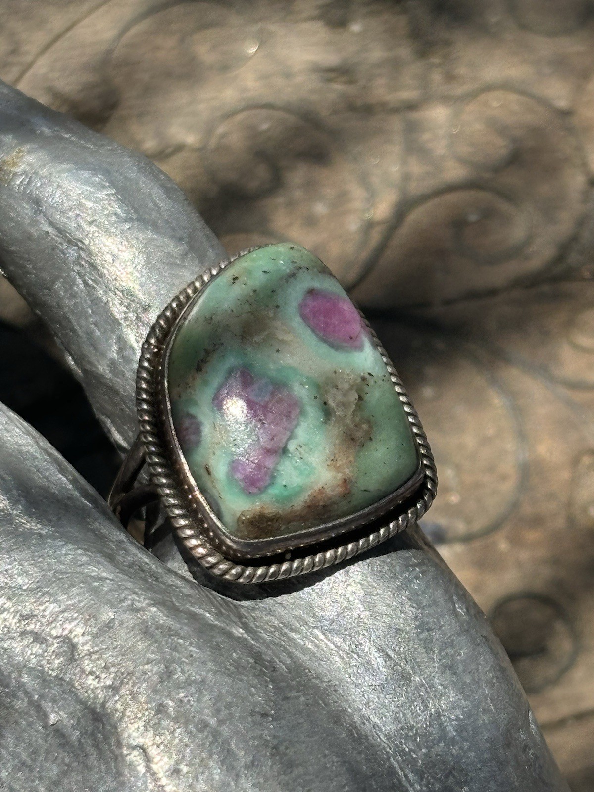 Handmade sterling silver Ruby in fuschite gemstone bezel set ring size 8.5