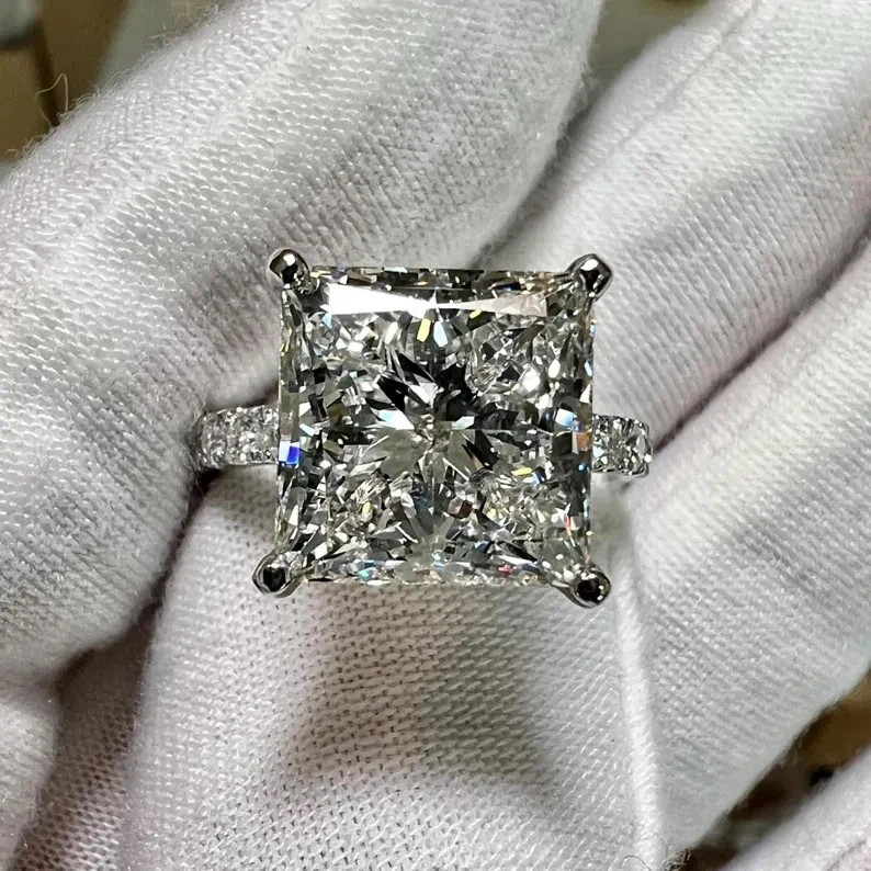 RARE 10.55 Ct Certified Princess cut White Diamond Solitaire Ring, In 925 Silver