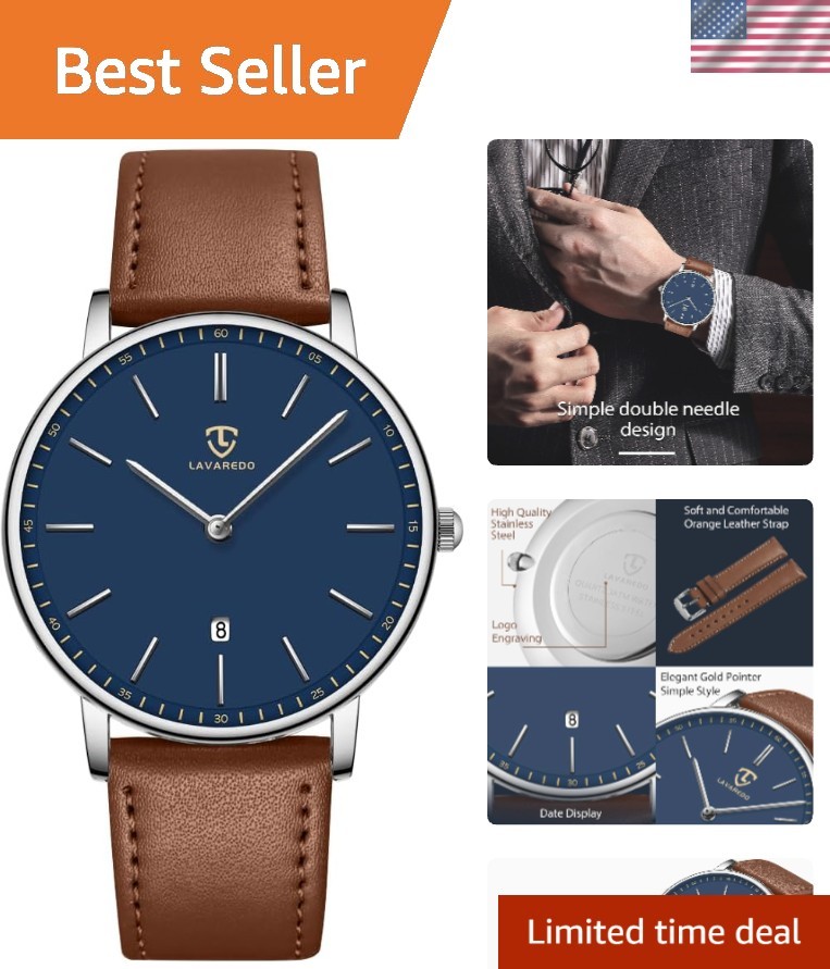 Elegant Wrist Watch with Black Dial & Brown Leather Strap, 50m Water-Resistant
