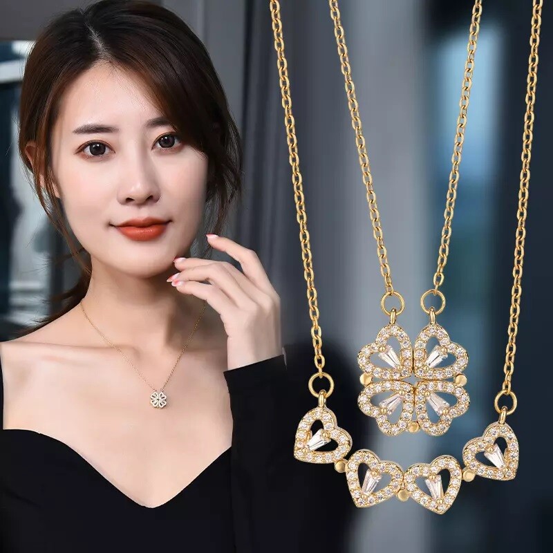 Four Leaf Clover Magnetic Folding Heart Pendant Necklace