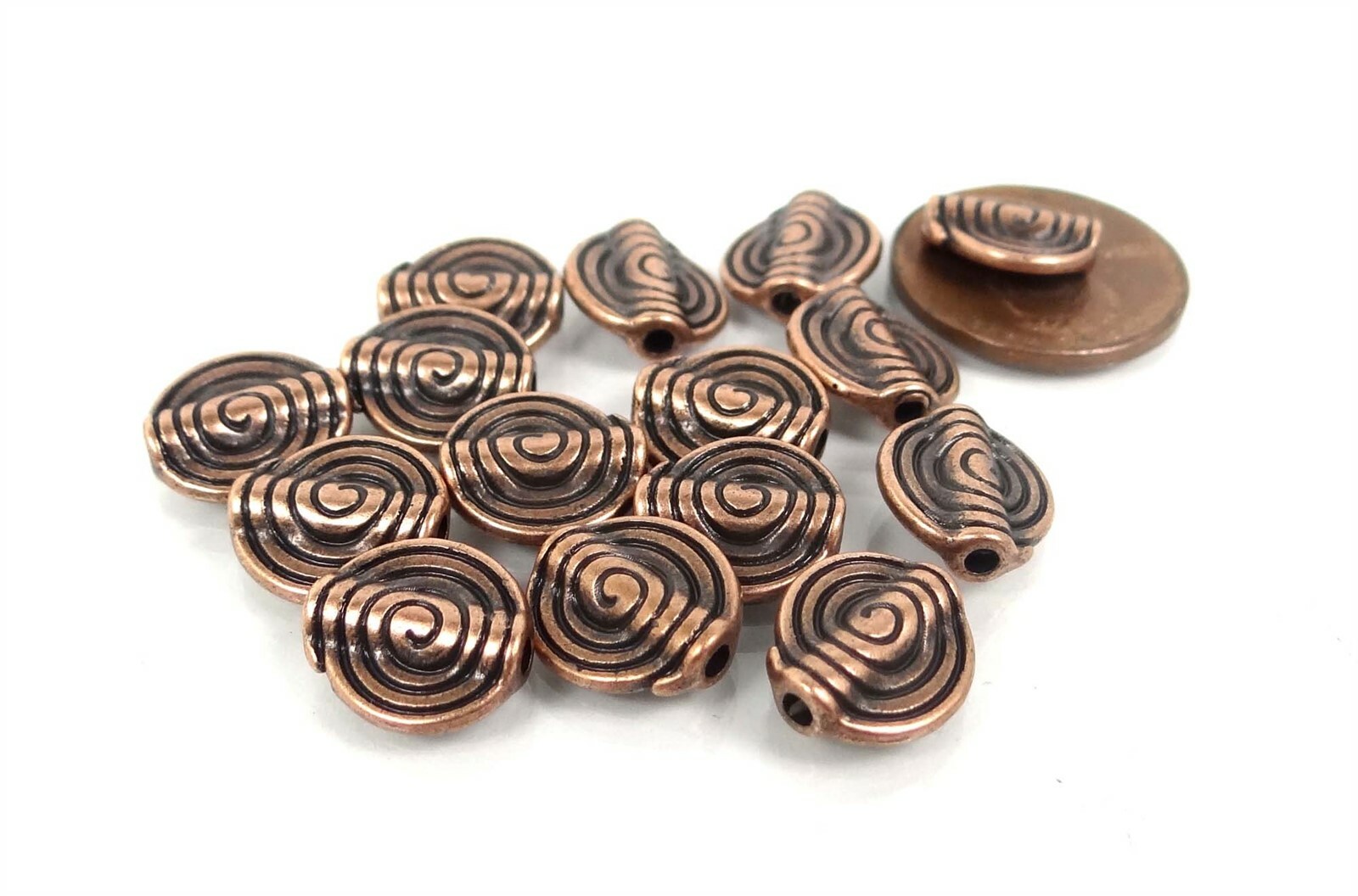 12 Ammonites Antique COPPER Pewter Spiral spire Disc Beads 10mm