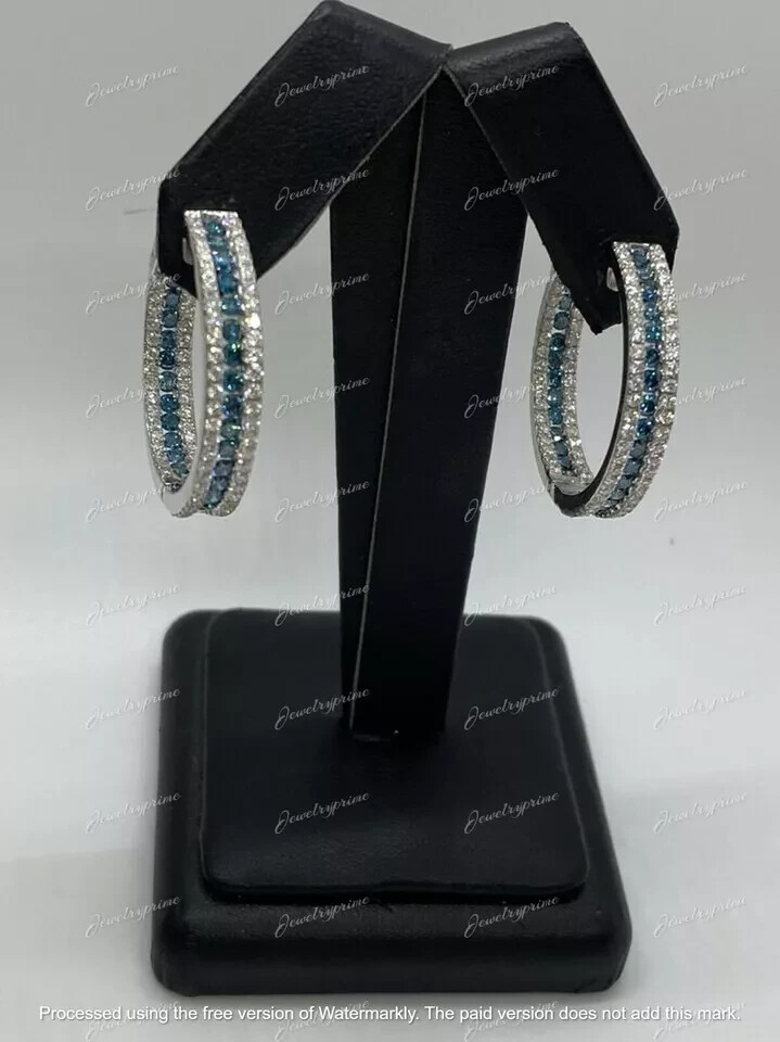 2Ct Round Lab-Created Blue Diamond Hoop Earring For Womens 14K White Gold Finish