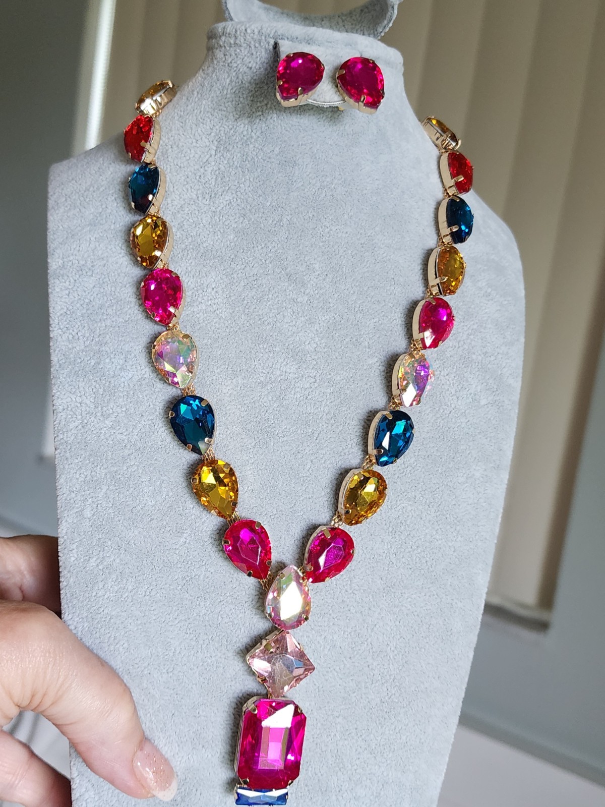 Multicolor Crystal Teardrop Necklace A& Earrings Set, Gold Plated