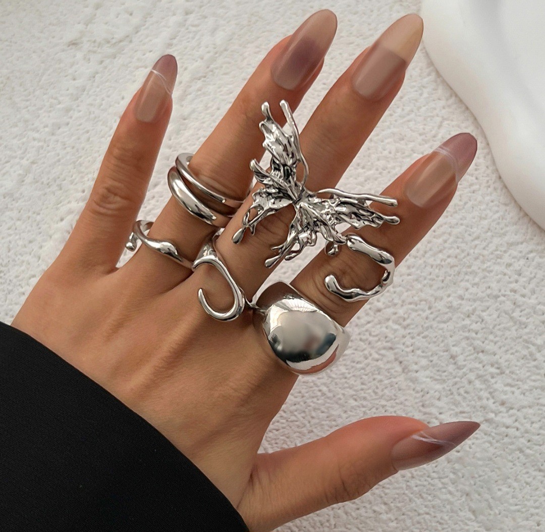 7Pcs Chunky Butterfly Ring Set Adjustable Statement Stackable Rings