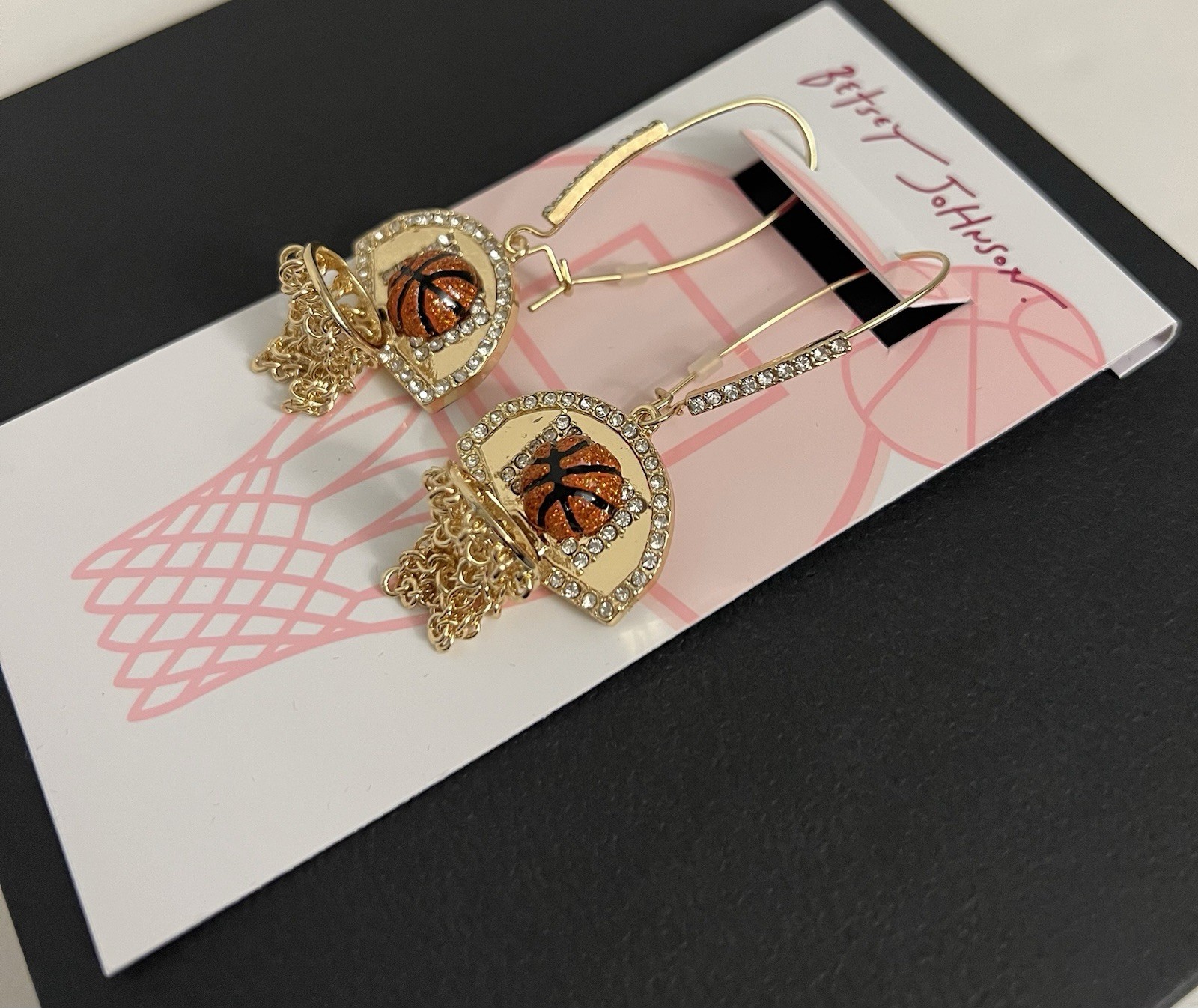 Betsey Johnson Earrings Nothing But Net Basketballs Gold Tone Chains Hooks NWT