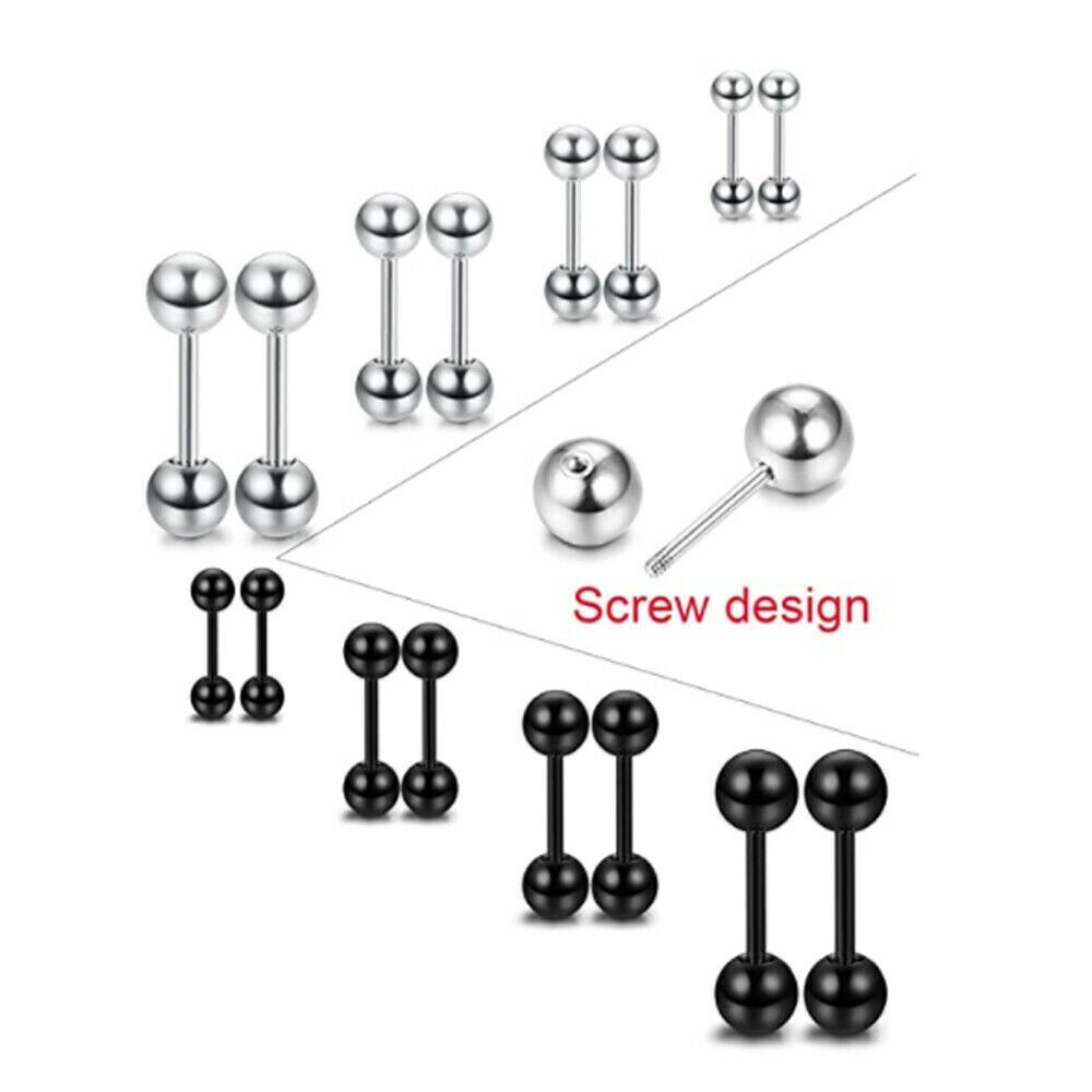 2Pcs Stainless Steel Ball Stud Barbell Earrings Screw Back Piercing Women Men