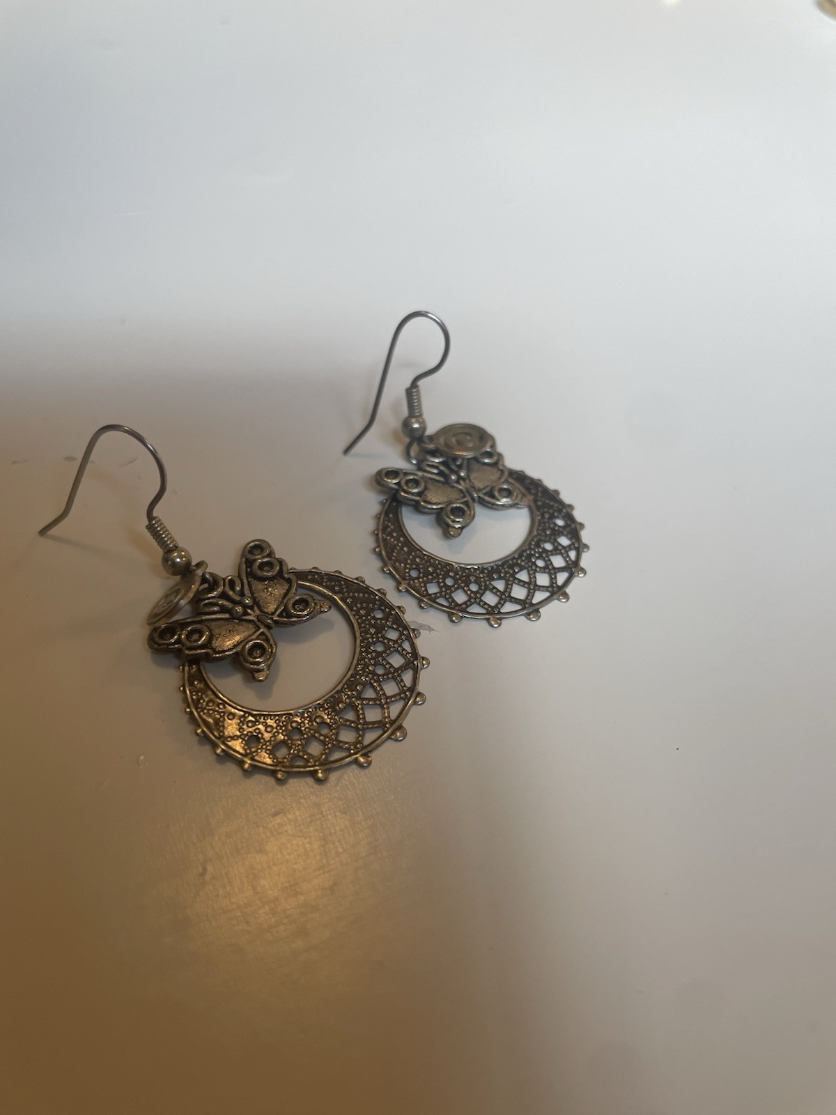 Silver Tone Filigree Butterfly Dangle Drop Earrings Hook Closure No Stone