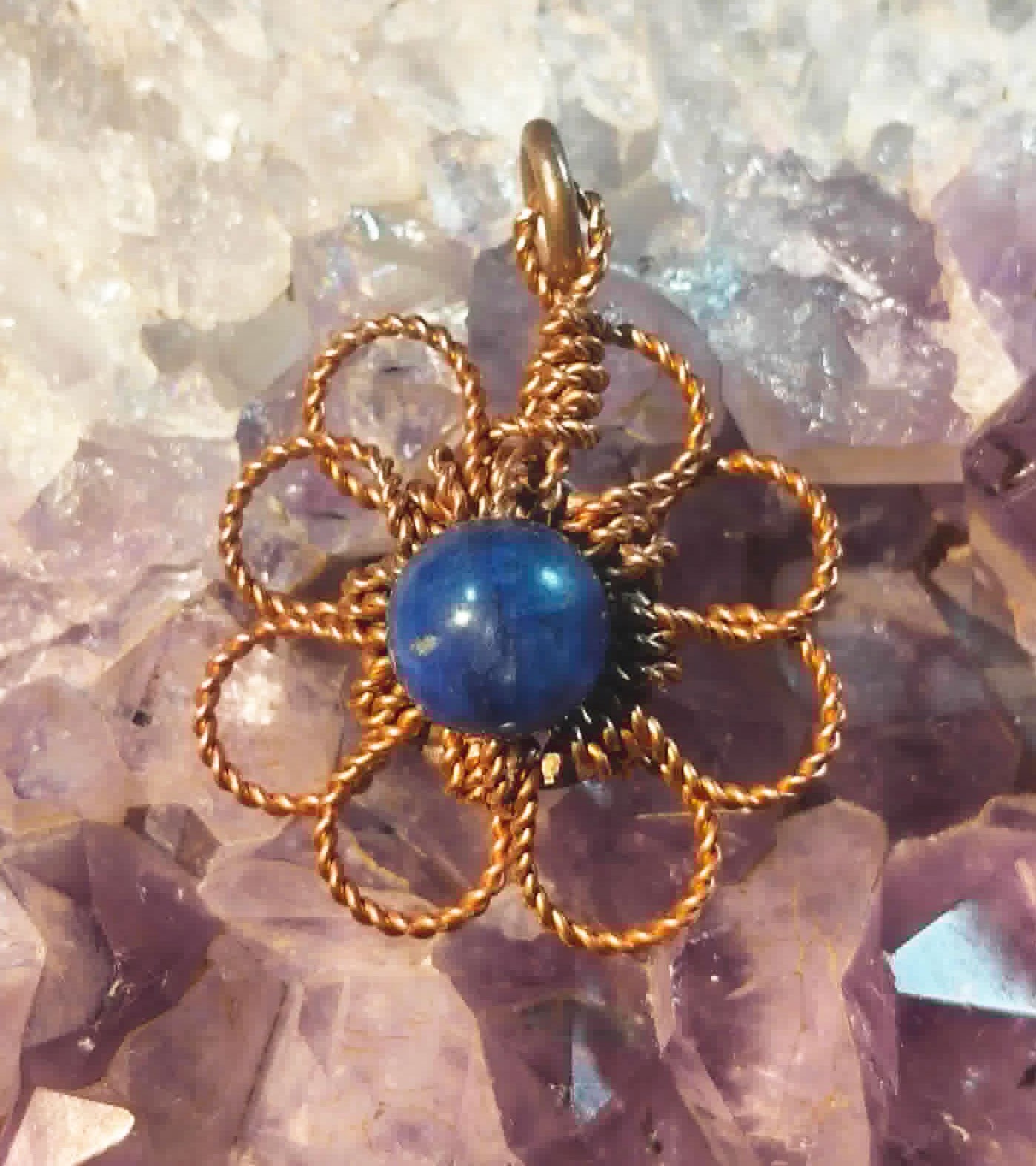 Flower Pendant Copper Daisy Wire Wrapped Mandala Kyanite Lucky Jewelry #PM6