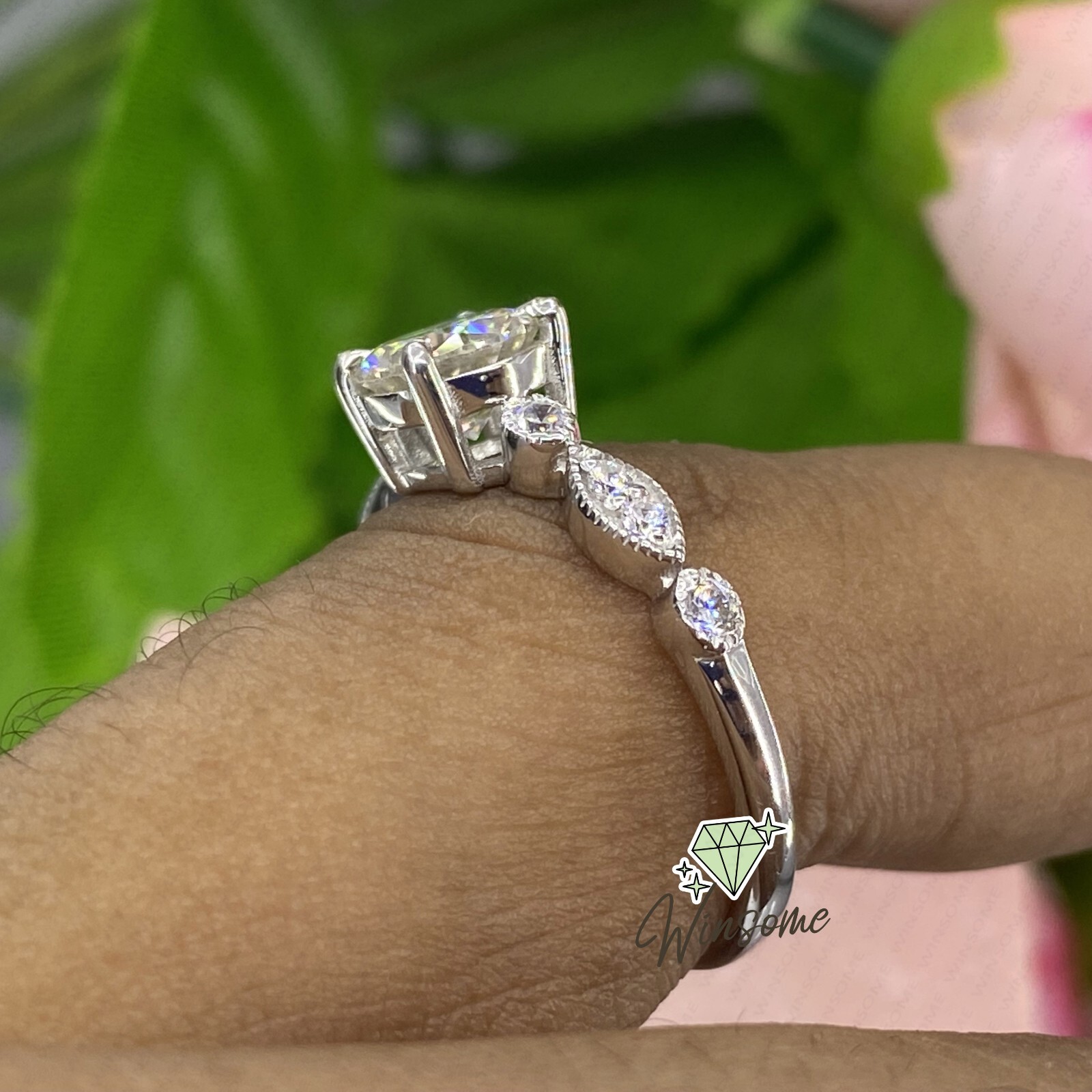 Round Moissanite Solitaire With Accents Anniversary Ring 14k White Gold Plated