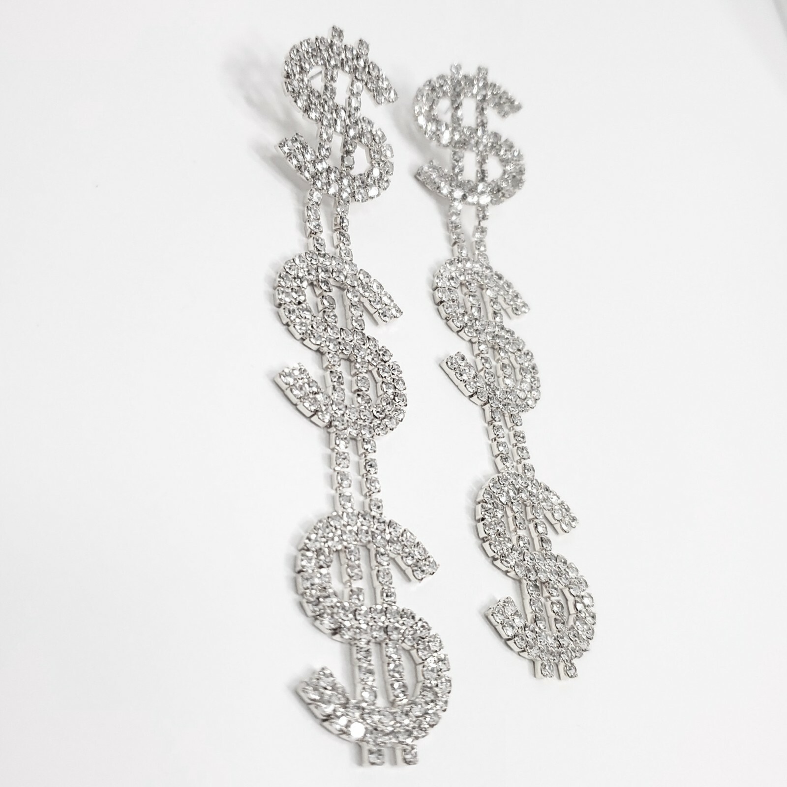 E0132 Bling Clear Silver Tone US Dollar Money $$$ Sign Long Drop Dangle Earrings